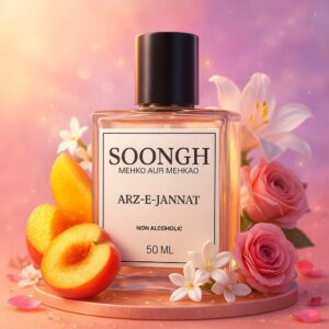 SOONGH Arz-e-Jannat 50ml non-alcoholic perfume inspired by fogg paradise — a dreamy blend of juicy peach, blooming jasmine, soft rose, and white lily captured in a halal, long-lasting fragrance for women