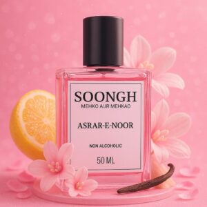 SOONGH Asrar-e-Noor 50ml non-alcoholic perfume inspired by Zoya — a sweet floral and citrus fragrance with soft pink blossoms, zesty lemon, and creamy vanilla, offering a halal, long-lasting scent for women