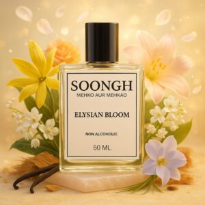SOONGH Elysian Bloom 50ml non-alcoholic perfume inspired by Chanel N°5 — a timeless, luxurious women’s fragrance featuring soft floral notes of jasmine, lily, vanilla, and powdery aldehydes, crafted for halal, long-lasting elegance