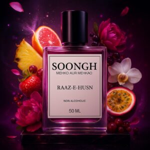 SOONGH Raaz-e-Husn 50ml non-alcoholic perfume inspired by Bombshell — a vibrant and fruity women’s fragrance featuring notes of passionfruit, pineapple, strawberry, orchid, and peony, offering a halal, long-lasting, and bold scent for everyday glamour