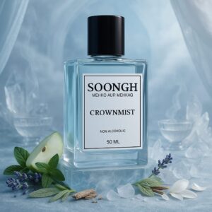 SOONGH Crownmist non-alcoholic perfume 50ml with icy fresh notes of green apple, mint, lavender, and white florals — alcohol-free luxury fragrance for men and women in crystal-cool fantasy setting with fog and ice aesthetics