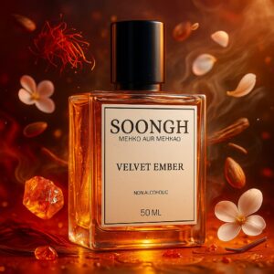 SOONGH Velvet Ember 50ml non-alcoholic perfume with saffron, amber, almond, and floral spice notes — premium unisex alcohol-free fragrance in luxury glass bottle for long-lasting oriental scent