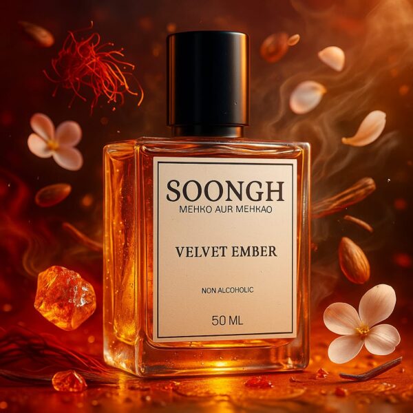 SOONGH Velvet Ember 50ml non-alcoholic perfume with saffron, amber, almond, and floral spice notes — premium unisex alcohol-free fragrance in luxury glass bottle for long-lasting oriental scent