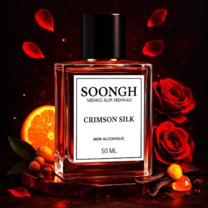 SOONGH Crimson Silk 50ml non-alcoholic perfume inspired by Chanel Coco — a bold and luxurious women's fragrance with rich notes of red rose, citrus, vanilla, and warm spices, offering a long-lasting, halal scent for elegant evenings