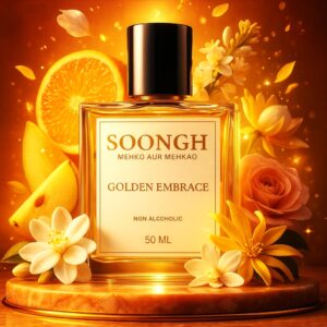 SOONGH Golden Embrace 50ml non-alcoholic perfume inspired by J'adore Dior — a radiant, halal women’s fragrance blending jasmine, orange blossom, rose, and melon for a luxurious, floral, and long-lasting scent experience