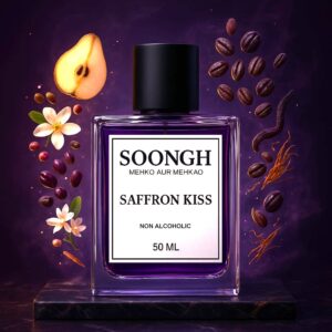 SOONGH Saffron Kiss 50ml non-alcoholic perfume inspired by Black Opium YSL — a deep, halal women’s fragrance featuring rich notes of saffron, coffee, vanilla, jasmine, and pear for a bold, long-lasting, and sensual scent experience