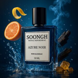 SOONGH Azure Noir 50ml non-alcoholic perfume featuring fresh aquatic notes with citrus, amber, and woody accords — mehko aur mehkao fragrance in a deep blue luxury bottle, ideal for a long-lasting, bold, and refreshing masculine scent