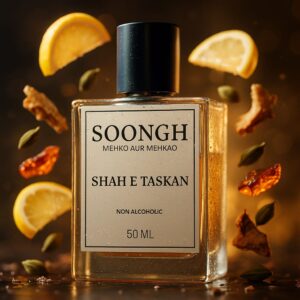 SOONGH Shah-e-Taskan non-alcoholic perfume 50ml with bold oriental notes of cardamom, dried citrus, amber, and warm spices — mehko aur mehkao fragrance in luxury glass bottle, ideal for long-lasting masculine scent lovers