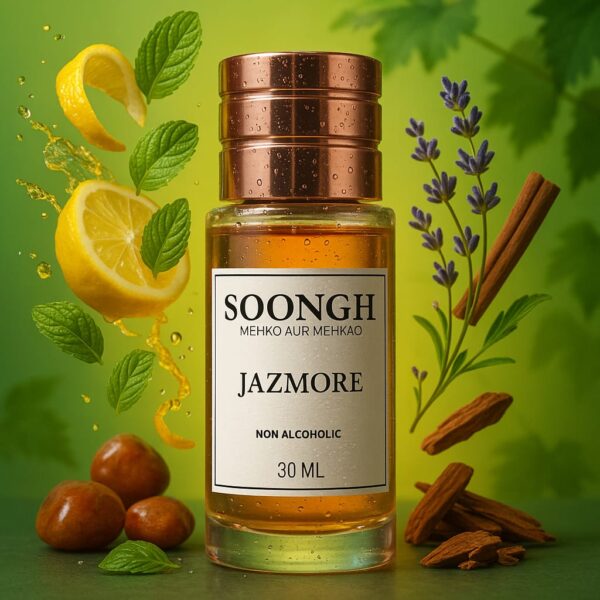 SOONGH Jazmore 30ml non-alcoholic perfume with rich aromatic blend of lemon, mint, lavender, and cinnamon — mehko aur mehkao fragrance in elegant copper-top bottle, featuring fresh citrus and herbal notes for a long-lasting natural scent