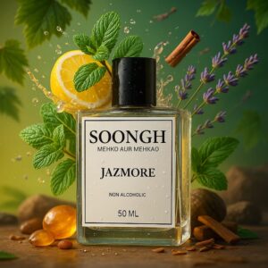 SOONGH Jazmore non-alcoholic perfume bottle with fresh natural ingredients like lemon, mint, cinnamon, lavender, and amber resin — 50ml mehko aur mehkao fragrance with herbal and citrus notes, ideal for long-lasting freshness and gentle scent lovers