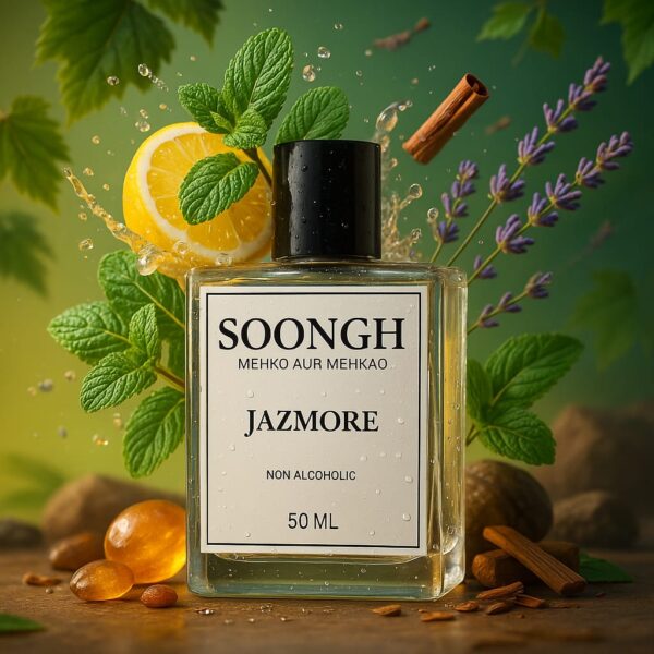 SOONGH Jazmore non-alcoholic perfume bottle with fresh natural ingredients like lemon, mint, cinnamon, lavender, and amber resin — 50ml mehko aur mehkao fragrance with herbal and citrus notes, ideal for long-lasting freshness and gentle scent lovers
