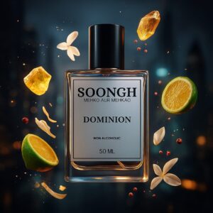 SOONGH Dominion 50ml non-alcoholic perfume featuring bold citrus lime, amber, pepper, and floral jasmine notes — mehko aur mehkao luxury fragrance for men in an elegant glass bottle with a powerful, long-lasting scent for nighttime wear