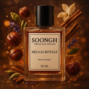 SOONGH Mizaaj Royale 50ml non-alcoholic perfume with rich oriental notes of cinnamon, cardamom, vanilla, nutmeg, and lavender — mehko aur mehkao luxurious fragrance in an elegant amber bottle for a warm, spicy, and royal masculine scent