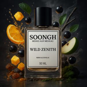 SOONGH Wild Zenith 50ml non-alcoholic perfume with vibrant notes of blackcurrant, pineapple, orange, green apple, and earthy moss — mehko aur mehkao bold and fresh fragrance in a sleek luxury bottle for a long-lasting wild masculine scent