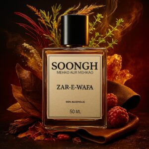 SOONGH Zar-E-Wafa 50ml non-alcoholic perfume featuring warm, woody oriental notes of leather, dried herbs, amber resin, red berries, and spices — luxury mehko aur mehkao fragrance for men with a deep, sophisticated aroma