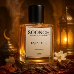 SOONGH Taj Al-Oud 50ml non-alcoholic oud perfume with rich oriental notes of agarwood, amber, jasmine, and spice — luxury Arabian attar for men and women, part of the Mehko Aur Mehkao fragrance collection