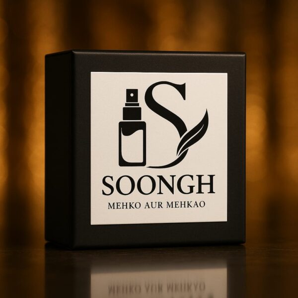 Elegant SOONGH perfume packaging box featuring minimalist spray bottle and leaf logo with brand tagline 'Mehko Aur Mehkao', luxury fragrance branding on premium black box, ideal for high-end non-alcoholic perfumes and unisex scents