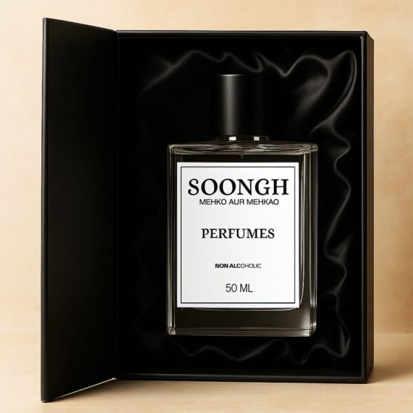 Luxury non-alcoholic perfume bottle by SOONGH displayed in premium black silk box packaging, 50ml elegant glass design, high-end fragrance branding with tagline 'Mehko Aur Mehkao' – perfect for long-lasting, alcohol-free perfumes for men and women