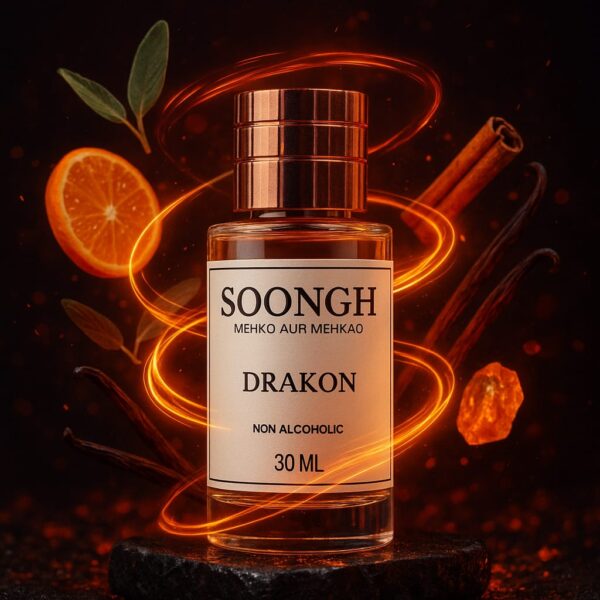 SOONGH Drakon 30ml non-alcoholic perfume for men in Pakistan with premium rose gold cap, luxurious cylindrical bottle design, and fiery swirl background — inspired by Dior Sauvage, Stronger With You, and Baccarat Rouge 540 — long-lasting, alcohol-free fragrance with notes of cinnamon, vanilla, sage, amber, and citrus — best masculine perfume in Pakistan for everyday and special occasions